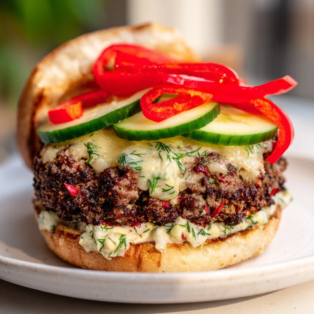 This tempting The Fire & Ice Burger shows a perfectly cooked patty with cool cucumber, ready to eat now.