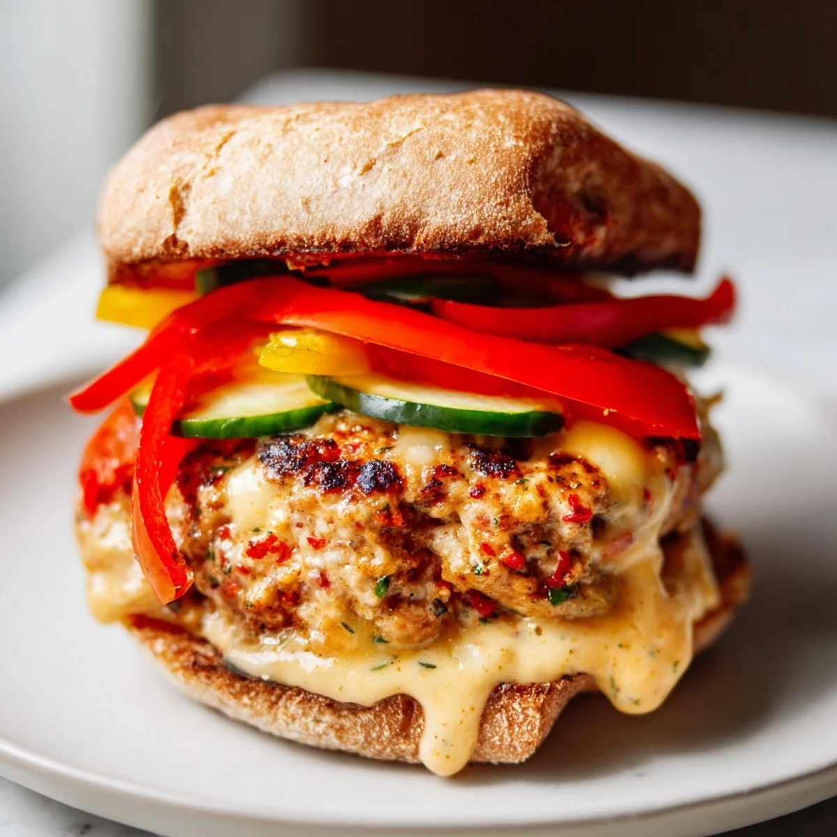 Close-up of a loaded, delicious The Fire & Ice Burger, featuring spicy, cool toppings and melted cheese.