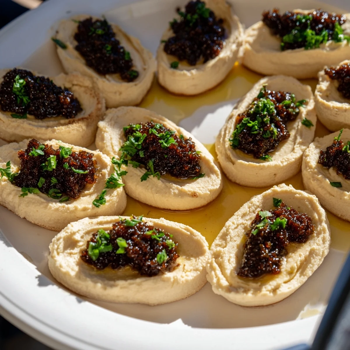 Elegant The Victorian Cameo appetizer: creamy goat cheese ovals topped with dark, flavorful olive tapenade.