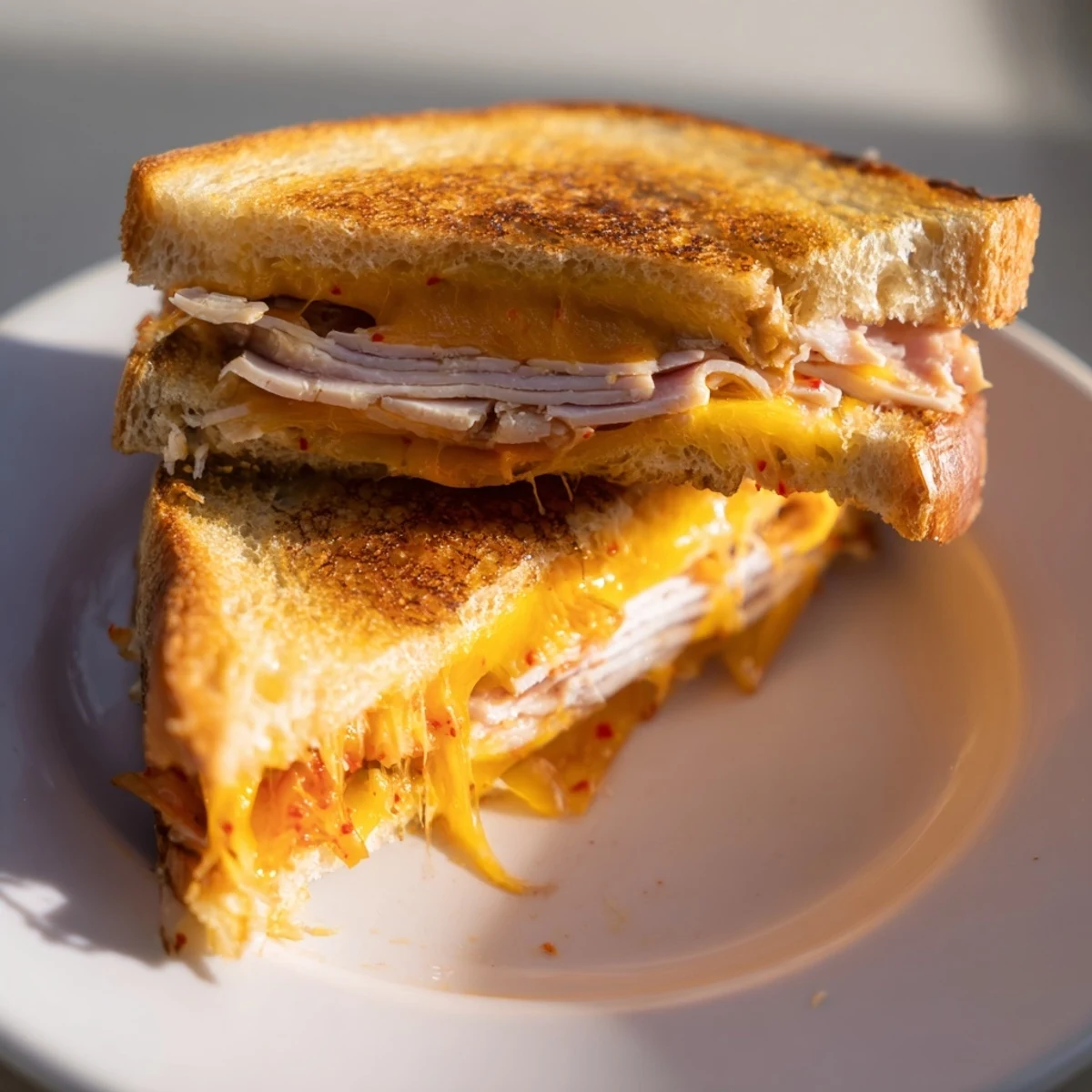 Golden, crispy Kimchi Turkey & Cheddar Toasted Grilled Cheese, a melty, savory sandwich treat.