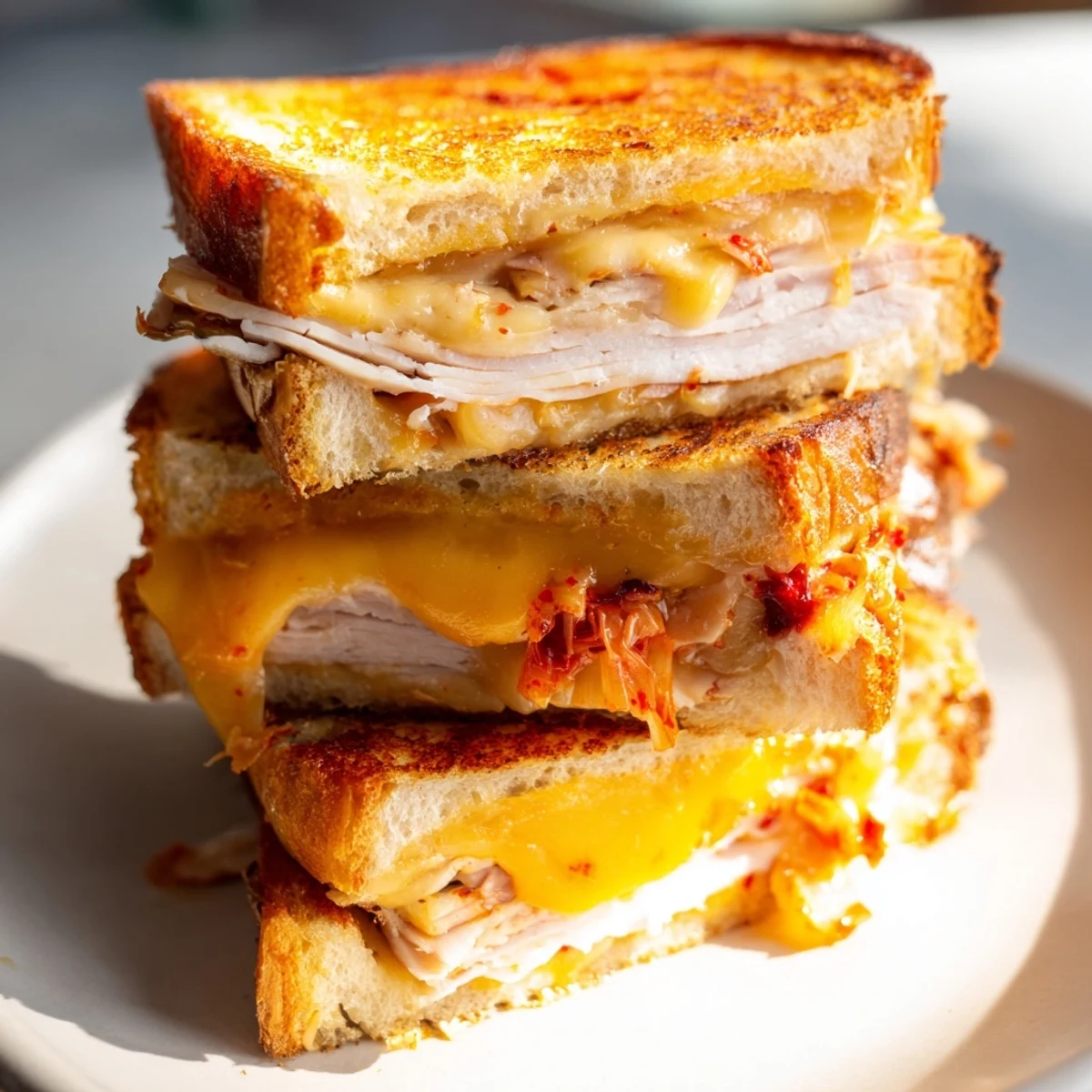 Warm, toasted Kimchi Turkey & Cheddar Grilled Cheese, with visible melted cheese and kimchi.