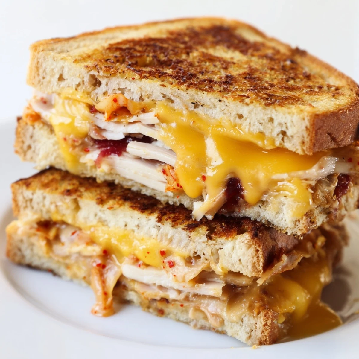 Delicious, cheesy pull from a freshly grilled Kimchi Turkey & Cheddar, ready to devour!