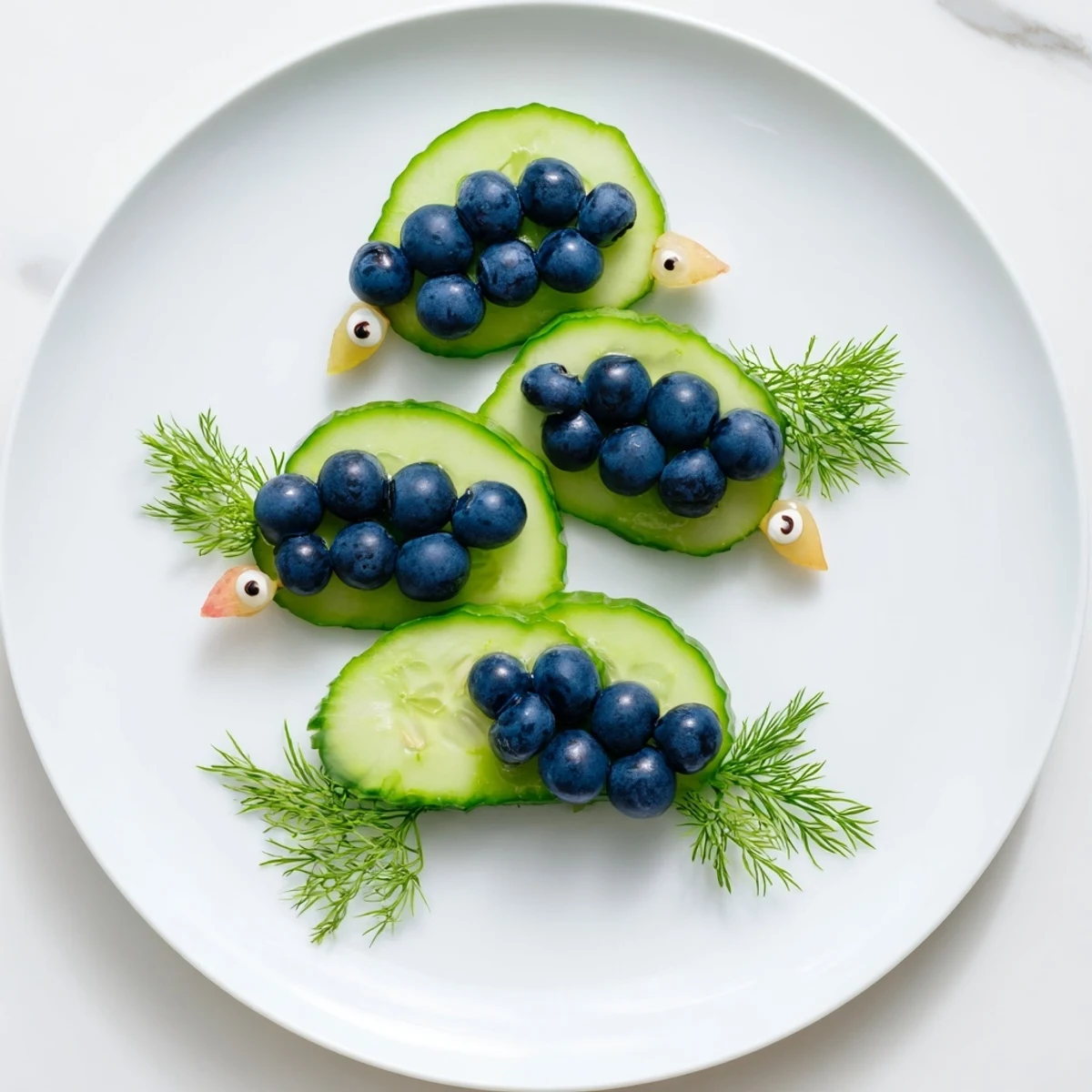 The Peacock Tail appetizer displaying a beautiful, colorful fan of fresh cucumbers and grapes.