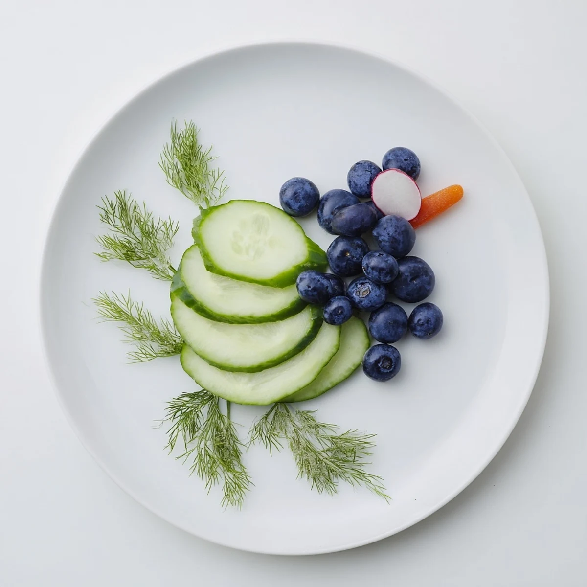 This vibrant Peacock Tail appetizer features crisp cucumber slices and juicy grapes ready to serve.