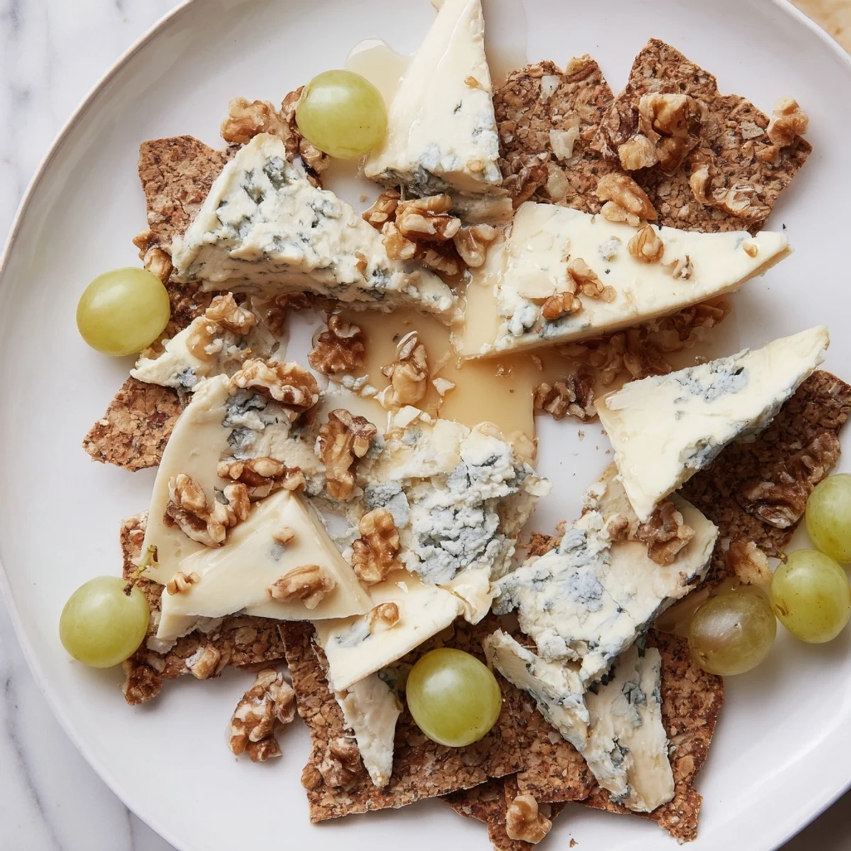 Get ready to savor this The Blue Ridge Mountains cheese platter, featuring grapes and walnuts against the blue cheeses.