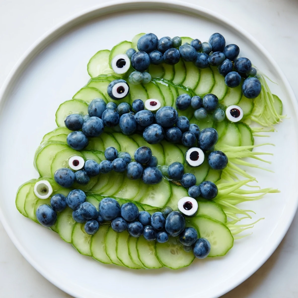 Vibrant Peacock Tail creation: Picture crisp cucumbers forming a fanned tail with blue grape “eyes.”