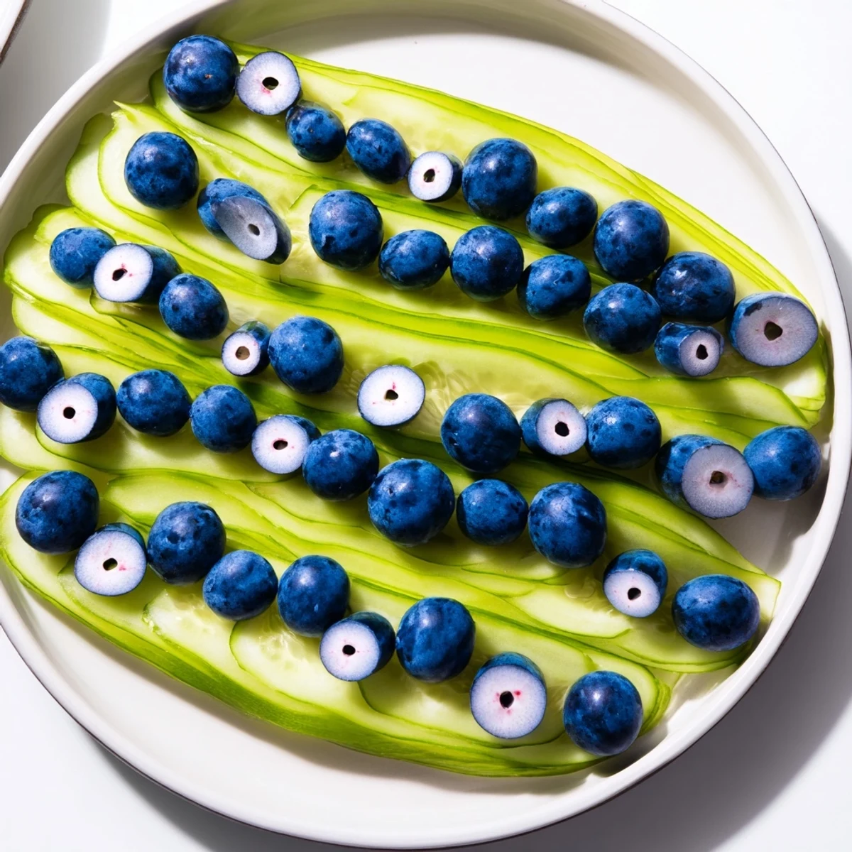 A Peacock Tail appetizer: cool cucumber slices and juicy grapes arranged artfully on a platter.