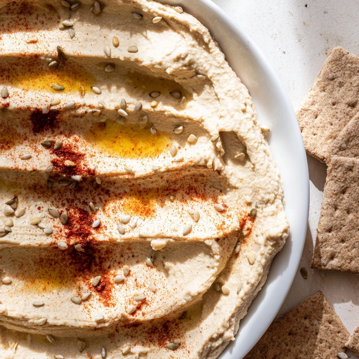 The Sandstone Canyon appetizer: creamy hummus layers mimicking a canyon, served with crisp crackers and lemon.