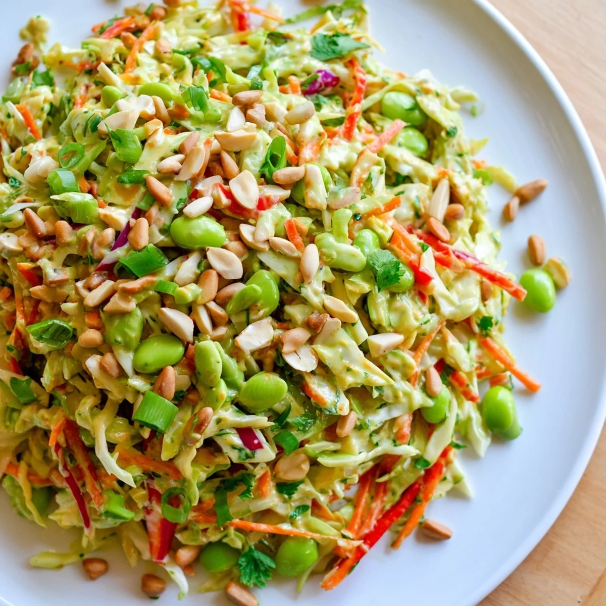 A close-up view of a refreshing crunchy cabbage and edamame salad with vibrant vegetables and crunchy toppings.