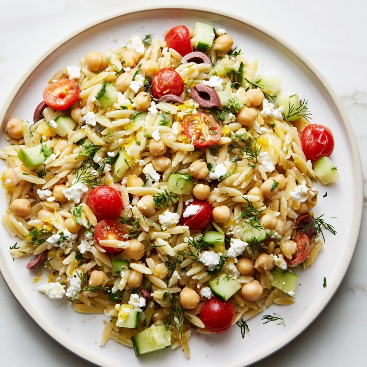 Fresh Greek Lemon-Orzo Bean Salad with chickpeas, tomatoes, and a bright lemon dressing.