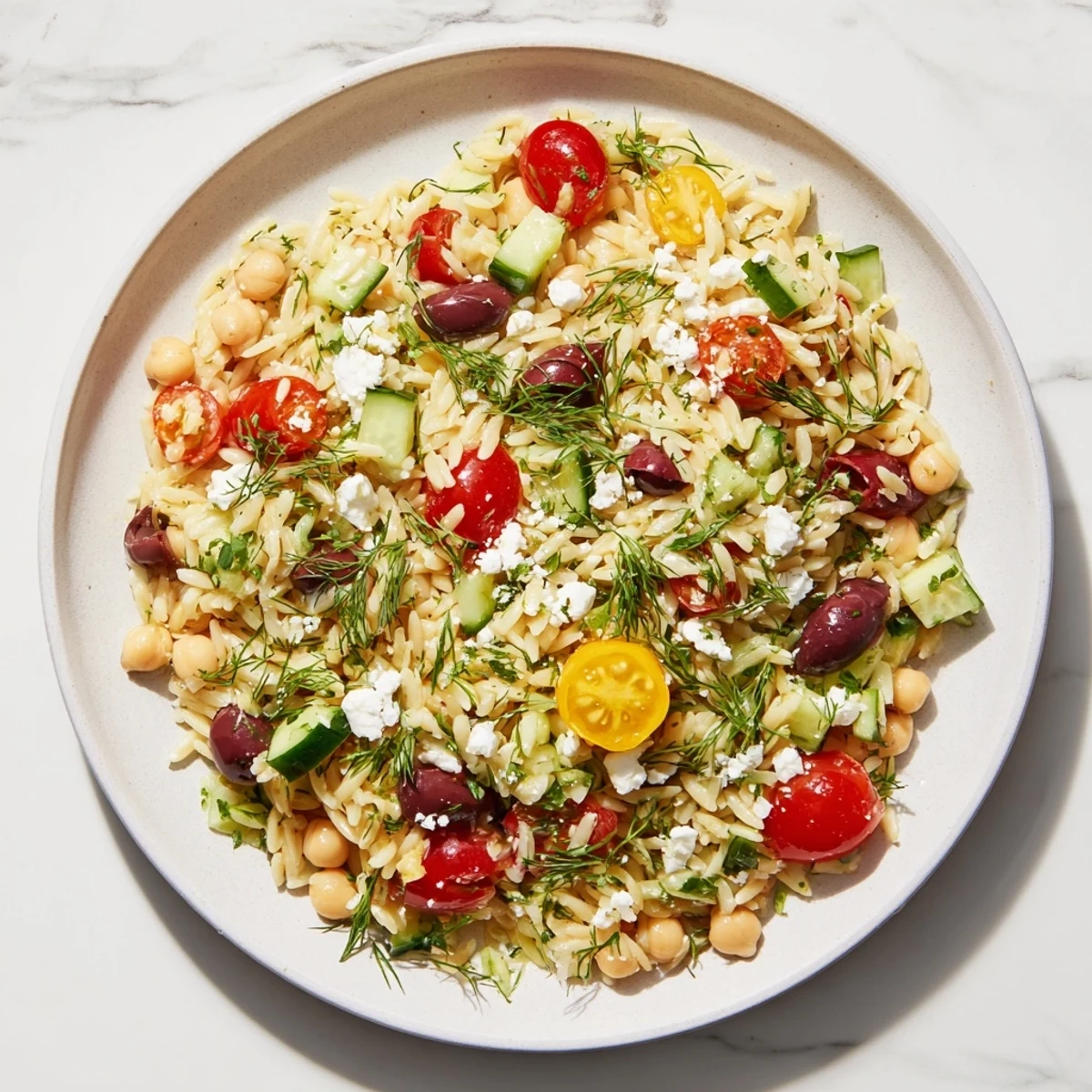 A bowl of delicious Greek Lemon-Orzo Bean Salad, garnished with fresh herbs and feta cheese.
