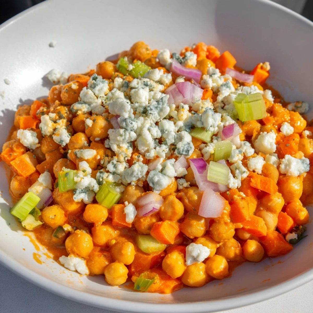 Creamy buffalo chicken bean salad, tossed with blue cheese crumbles, ready to devour.