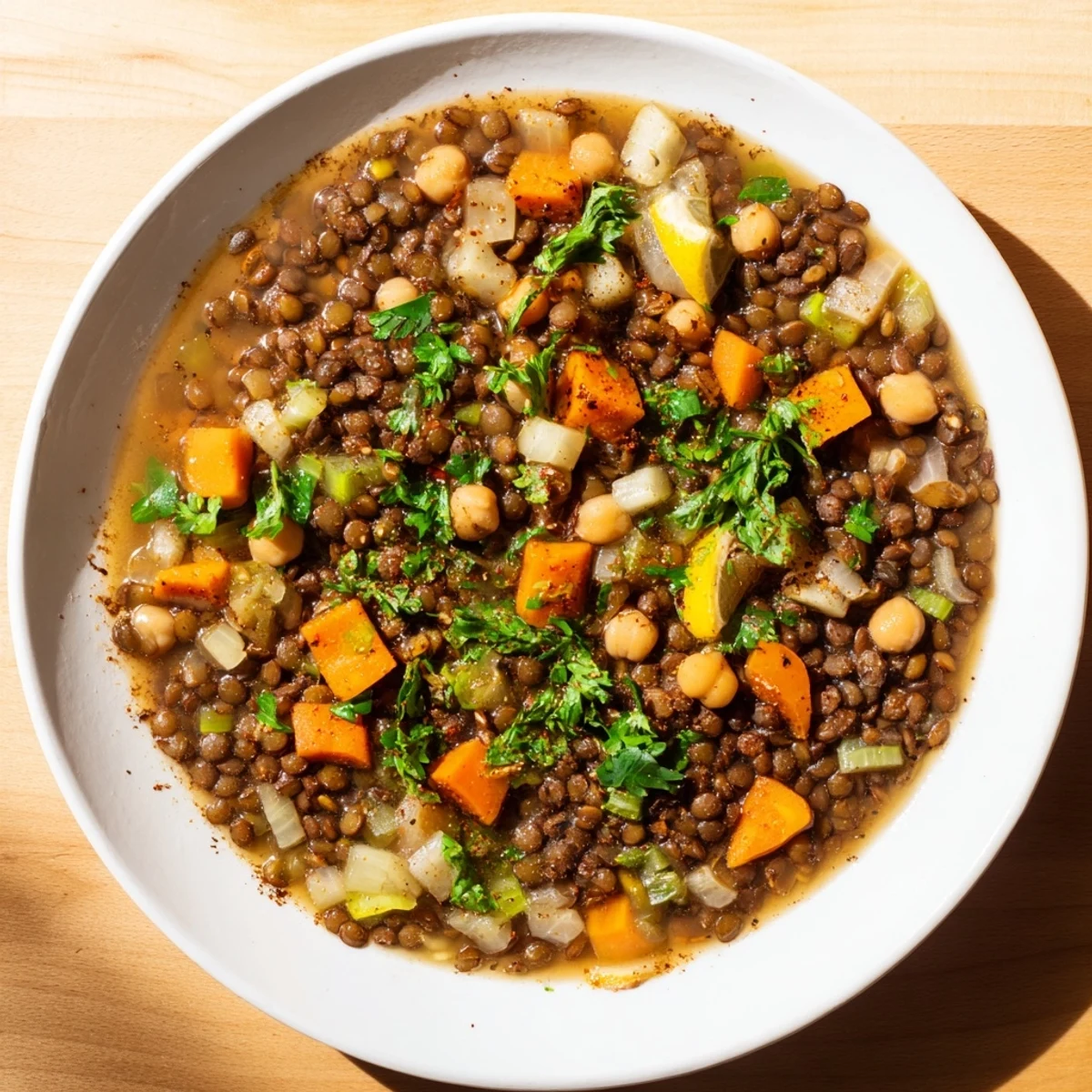 Steaming bowl of Middle Eastern lentil and chickpea stew, garnished with fresh parsley and lemon wedges.