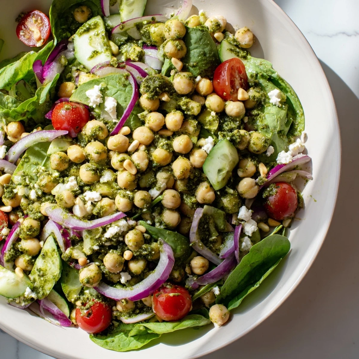Fresh pesto chickpea and spinach salad, a vibrant vegetarian lunch with creamy dressing and tomatoes.