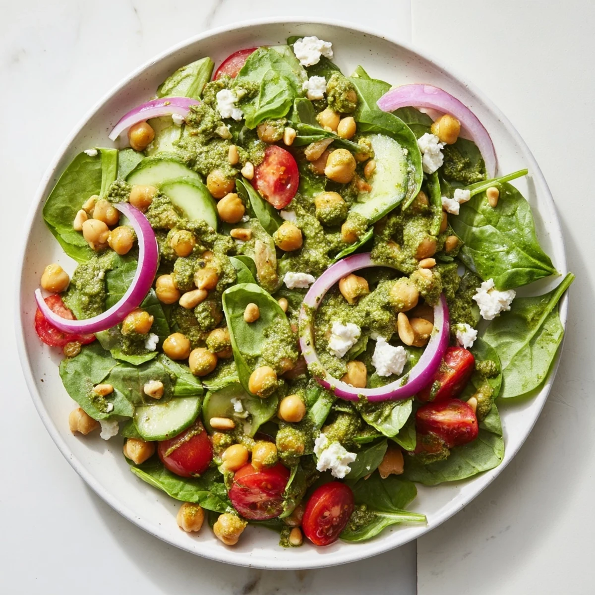 Mediterranean flavors shine in this pesto chickpea and spinach salad, tossed with fresh basil-infused dressing.