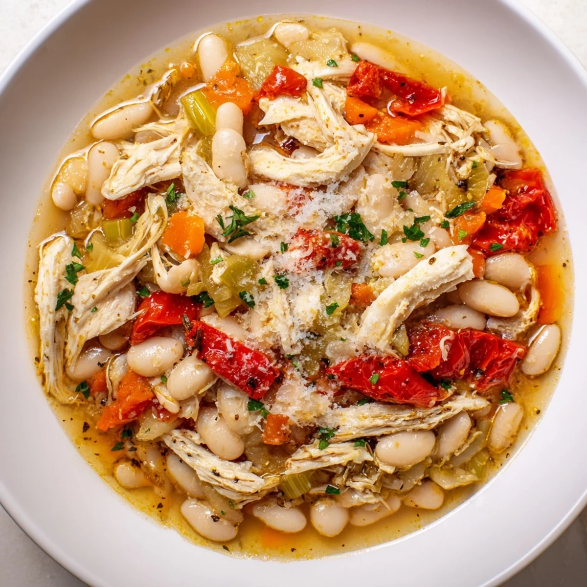 Steaming bowl of White Bean and Roasted Red Pepper Chicken with tender chicken and herbs.