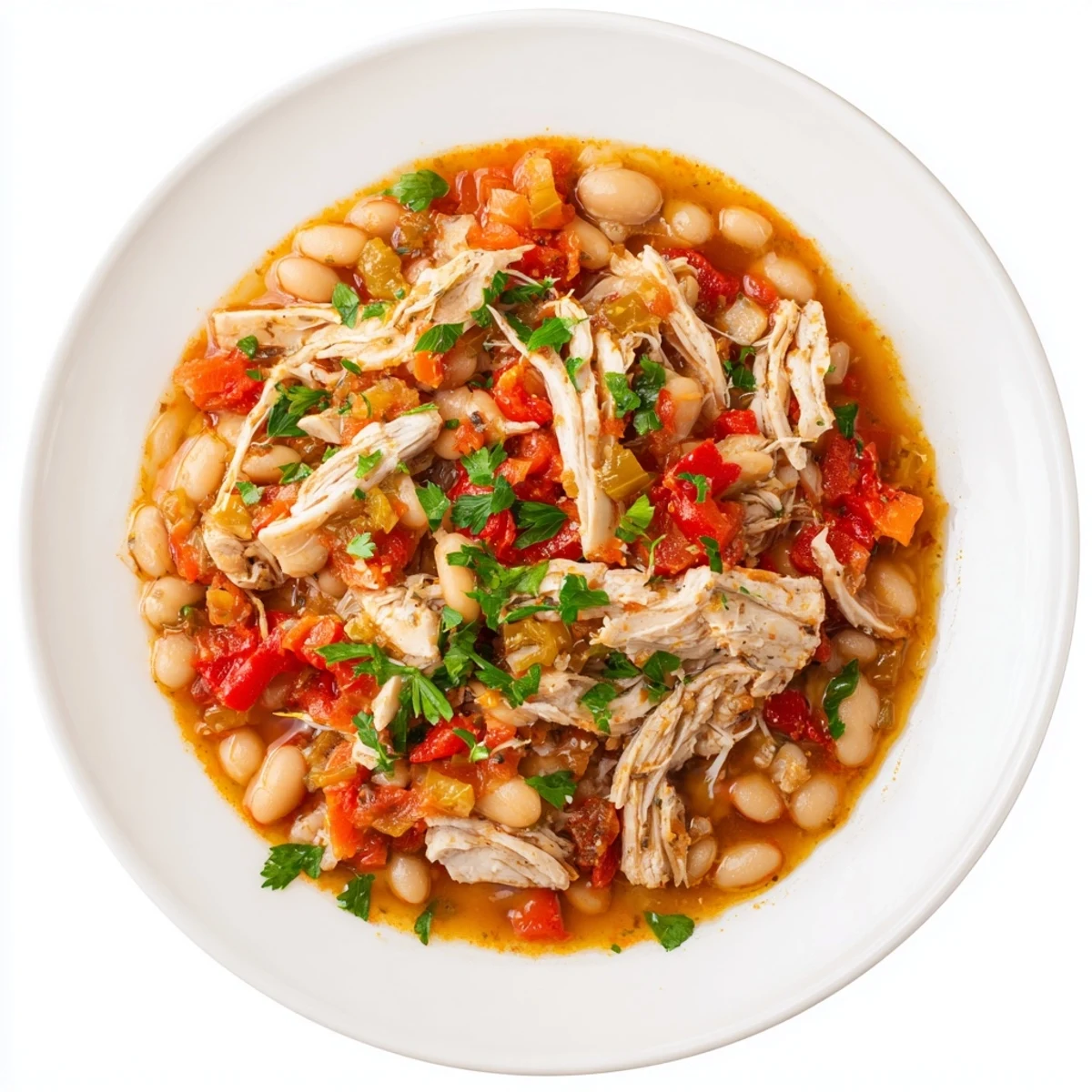 Close up shows rich, flavorful White Bean and Roasted Red Pepper Chicken, perfect for any cozy meal.