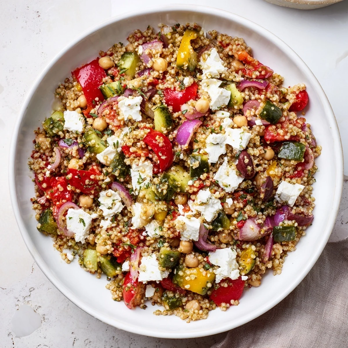 Enjoy a delicious Mediterranean Chickpea and Feta Bowl, a healthy vegan meal option.