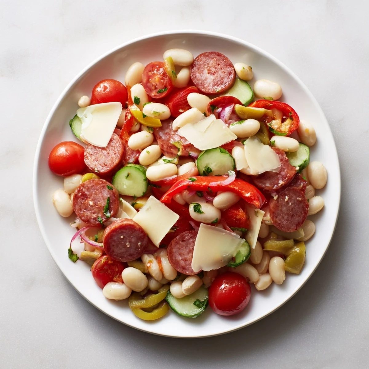 Zesty Italian antipasto bean salad: close-up shot of the vibrant antipasto, ready to be enjoyed.