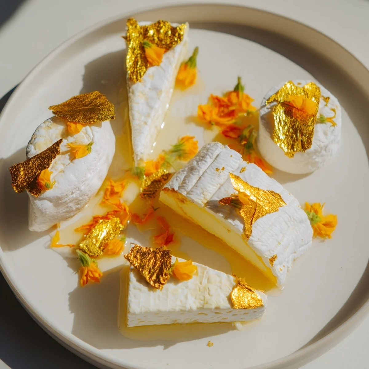 A dazzling The Gilded Lily cheese platter, showcasing soft, creamy cheeses with gold and vibrant flowers.