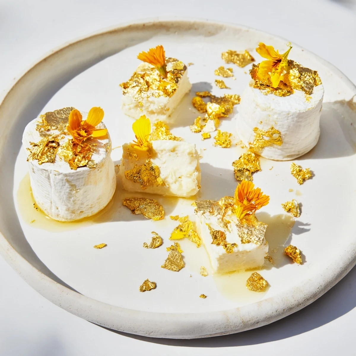 Golden flakes and bright blooms adorn this enticing The Gilded Lily cheese board, perfect for entertaining.