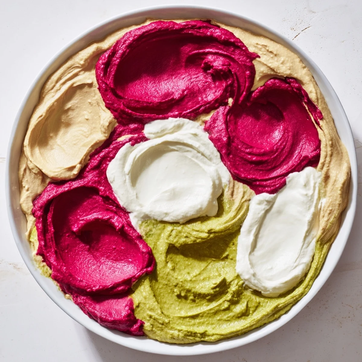 Beautiful marble swirl appetizer, vibrant hues swirled, ready with crackers for dipping.