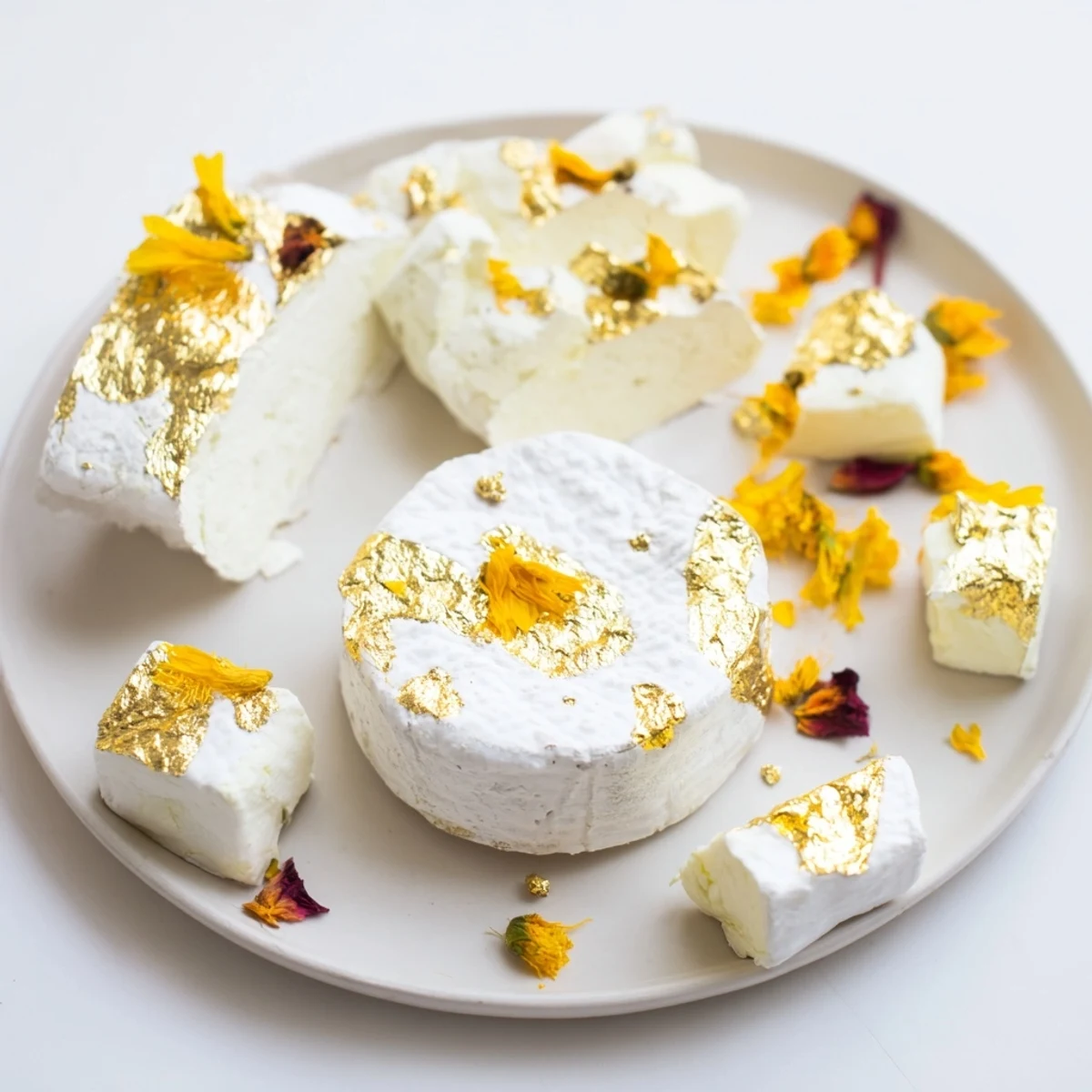 A visually stunning Gilded Lily cheese platter featuring edible gold leaf and bright flower petals.