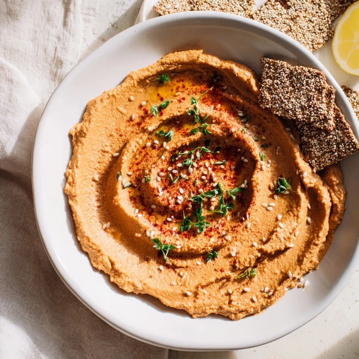 Layered hummus and cracker landscape of The Sandstone Canyon appetizer, ready for dipping and tasting with lemon.