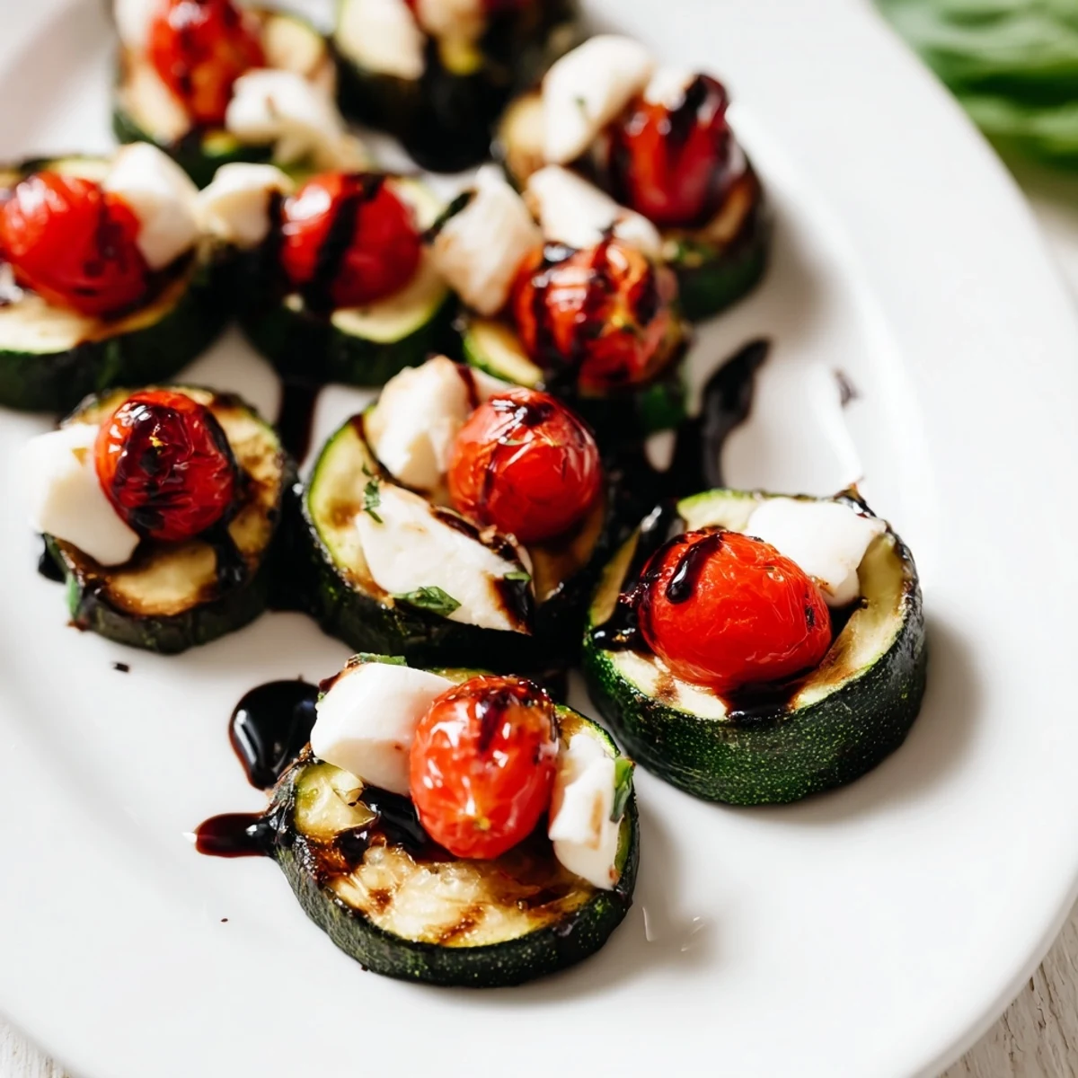 Zucchini Caprese Bites: Baked zucchini rounds with melted mozzarella and bright cherry tomatoes.