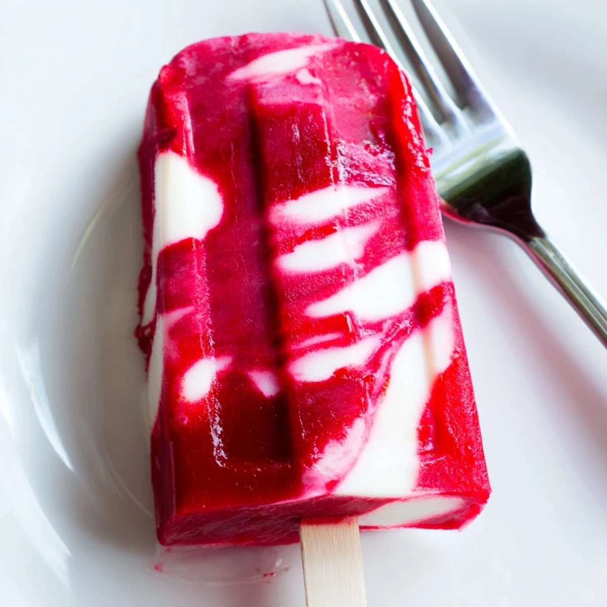 Vibrant photo of Raspberry Coconut Ice Pops: swirls of red raspberry and white coconut layers.