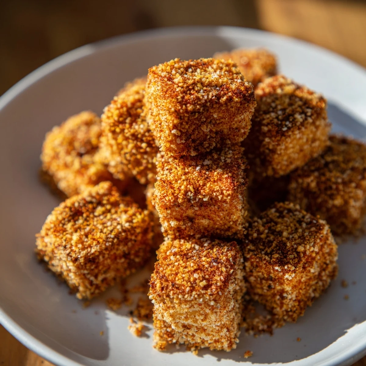 See a close-up of delicious Popcorn Tofu Bites, featuring a plant-based vegan snack presentation.