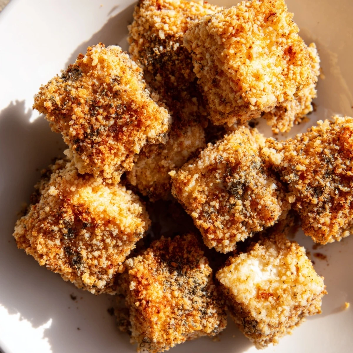 Golden-brown Popcorn Tofu Bites, crispy and savory, ready to dip in your favorite sauce.