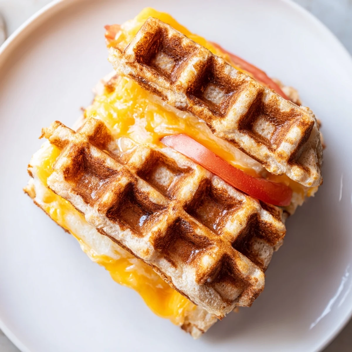 Crispy, golden-brown Waffle Grilled Cheese, oozing with melted cheddar, ready to be devoured.