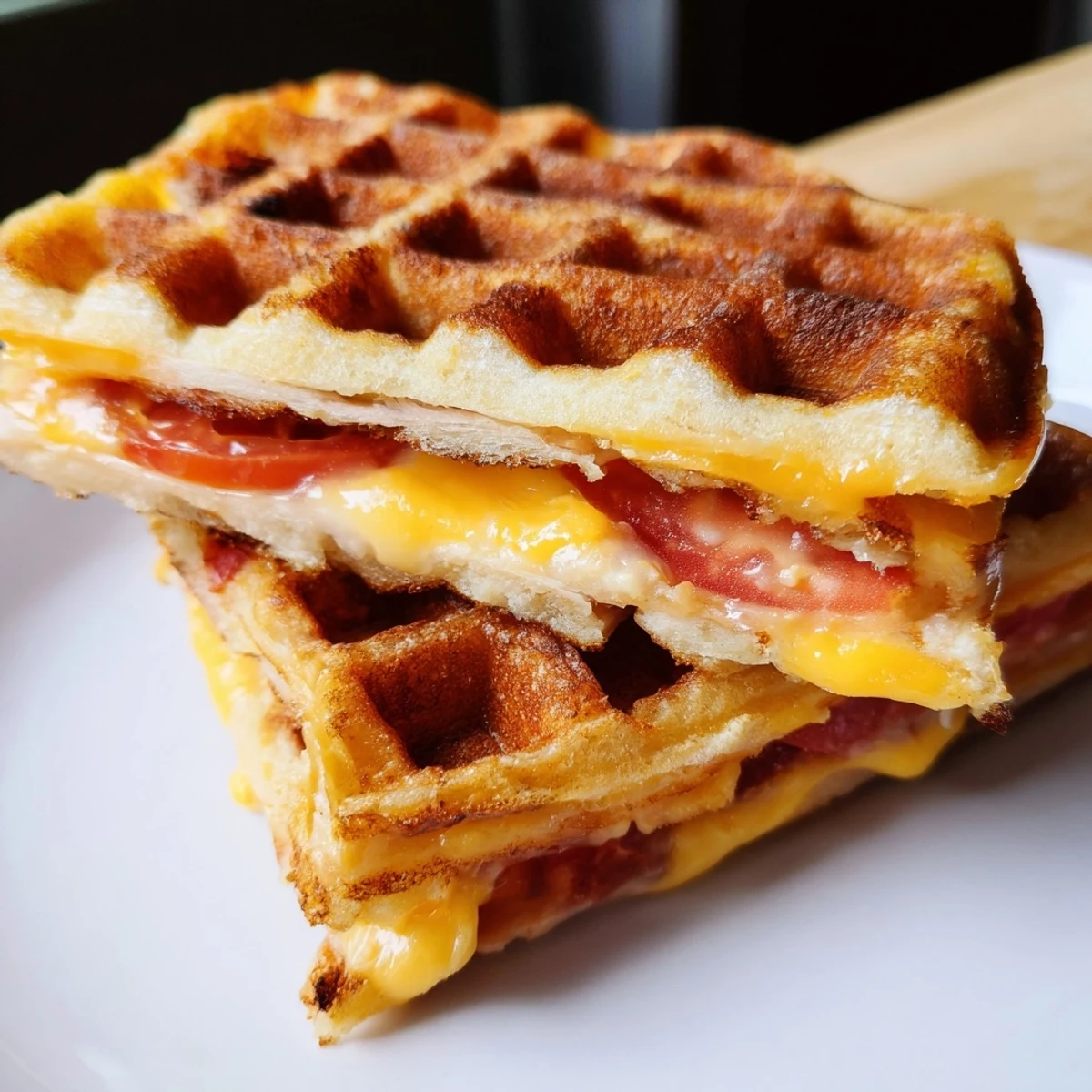 A close-up shot of a perfectly grilled Waffle Grilled Cheese, served with a warm tomato soup.