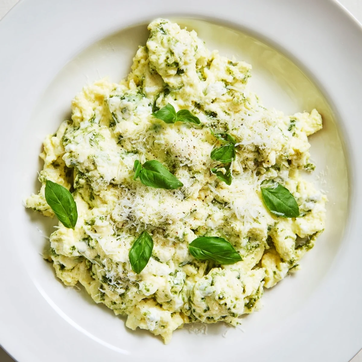 Fluffy pesto cottage cheese eggs, a vibrant breakfast, swirled with creamy cottage cheese for delicious flavor.