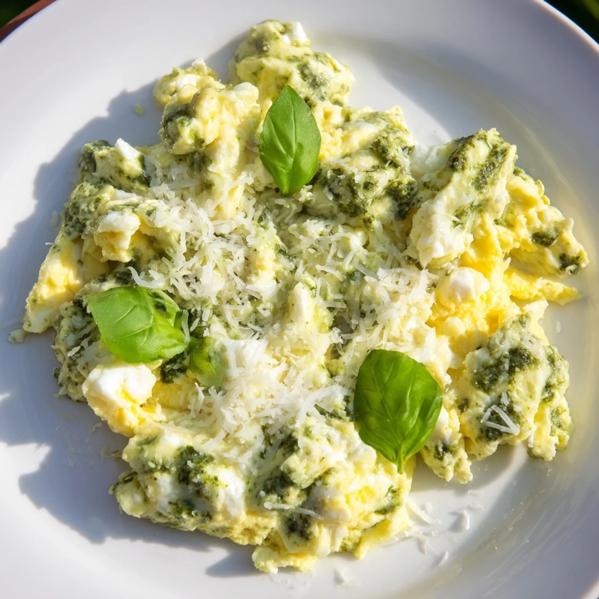 Freshly made pesto cottage cheese eggs, with a garnish of basil, perfect for brunch protein boost.