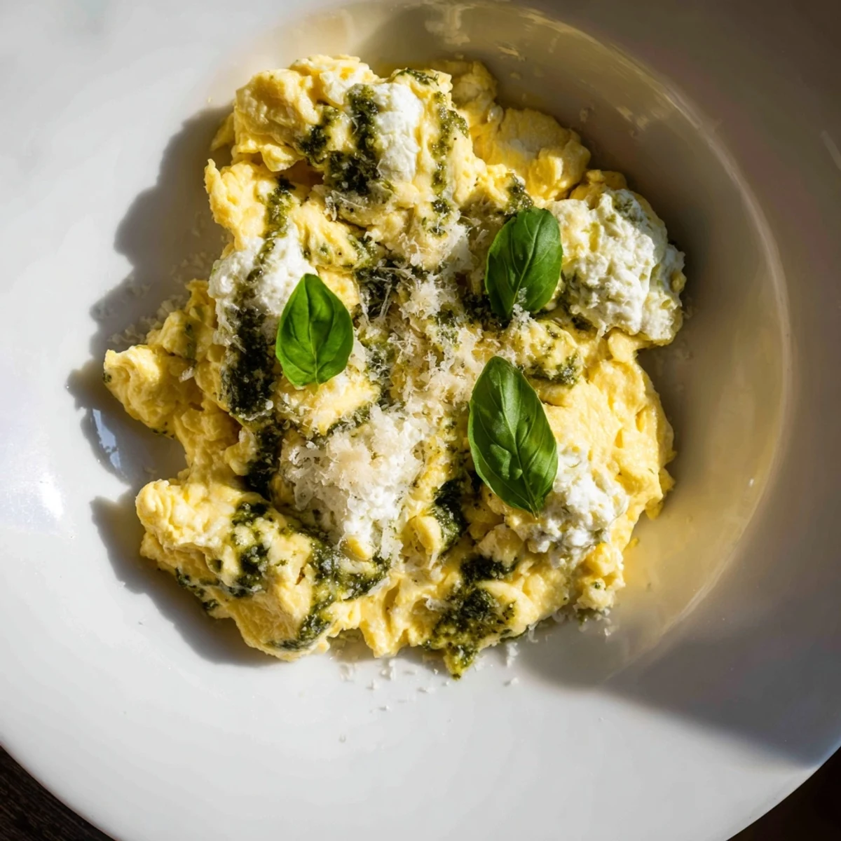 A plate of creamy pesto cottage cheese eggs, ready to be served, a simple savory breakfast treat.