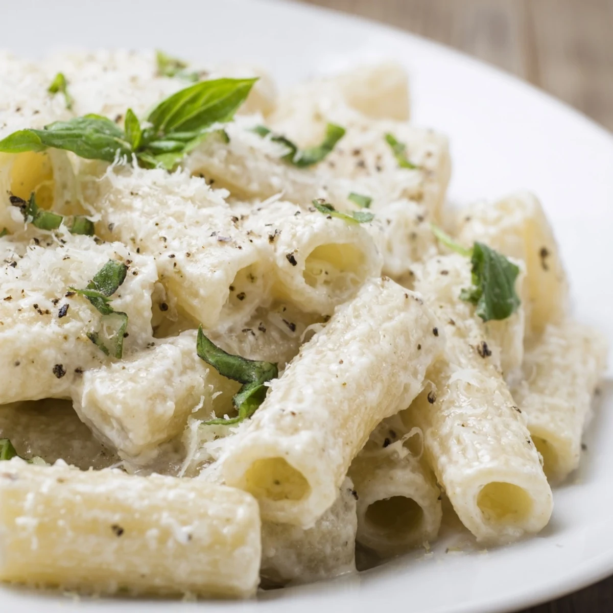 Steaming bowl of creamy cottage cheese pasta, ready to be garnished with fresh basil.