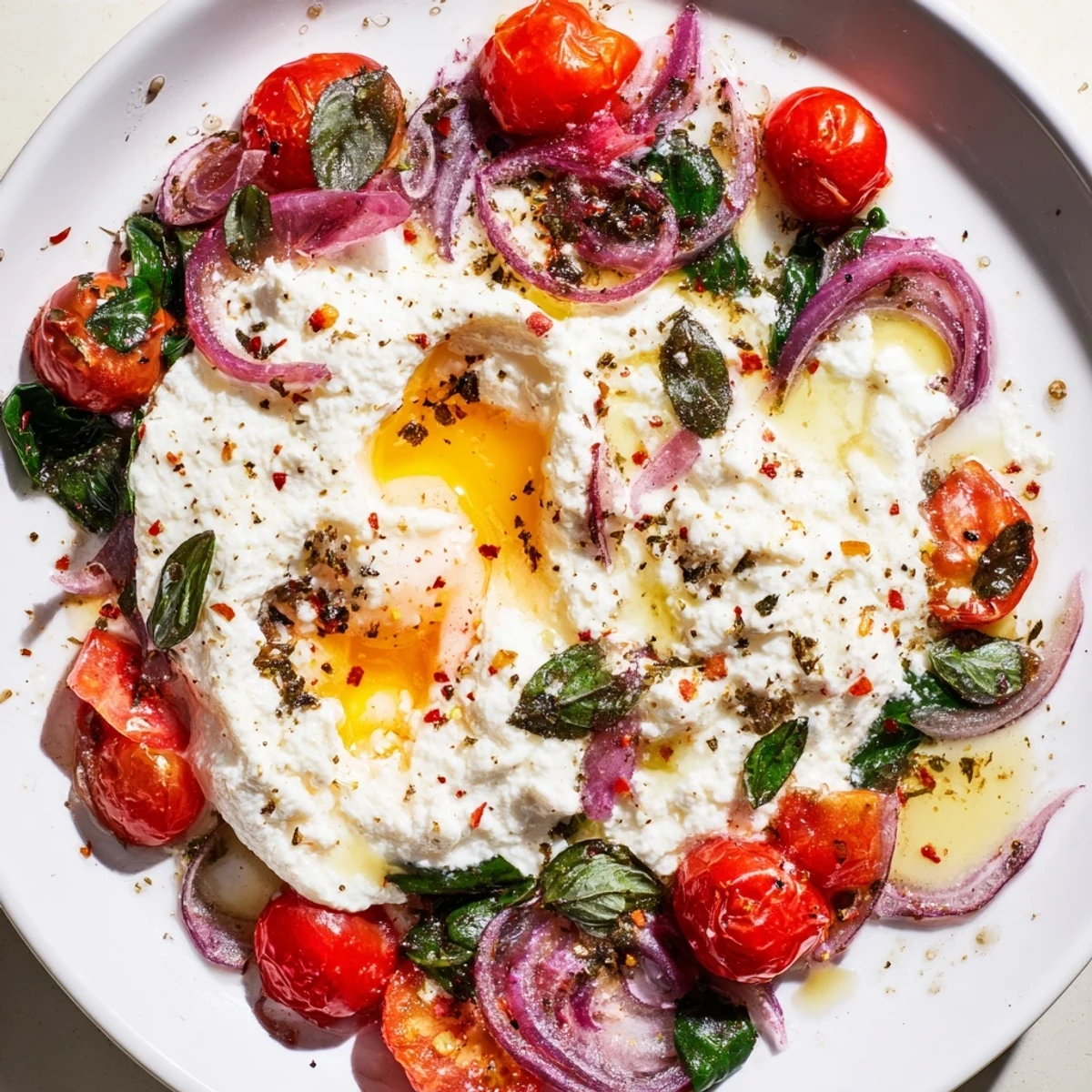 Golden yolks peek out from perfectly baked feta eggs, a delightful Mediterranean-style breakfast.