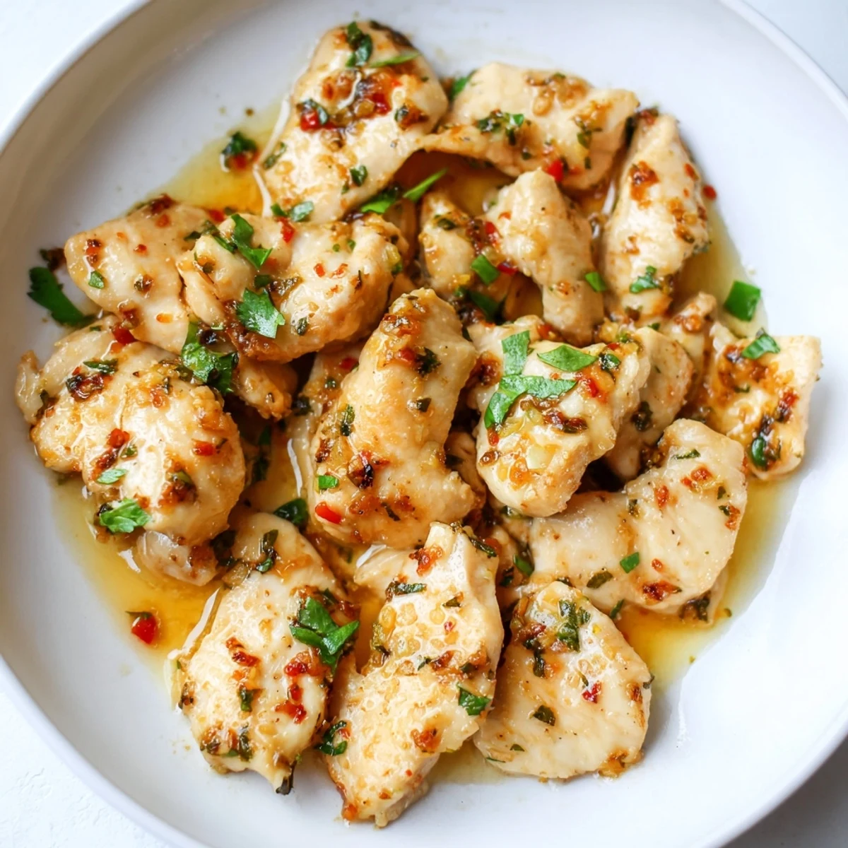 Golden, seared garlic butter chicken bites glistening in a pan, ready for serving tonight.