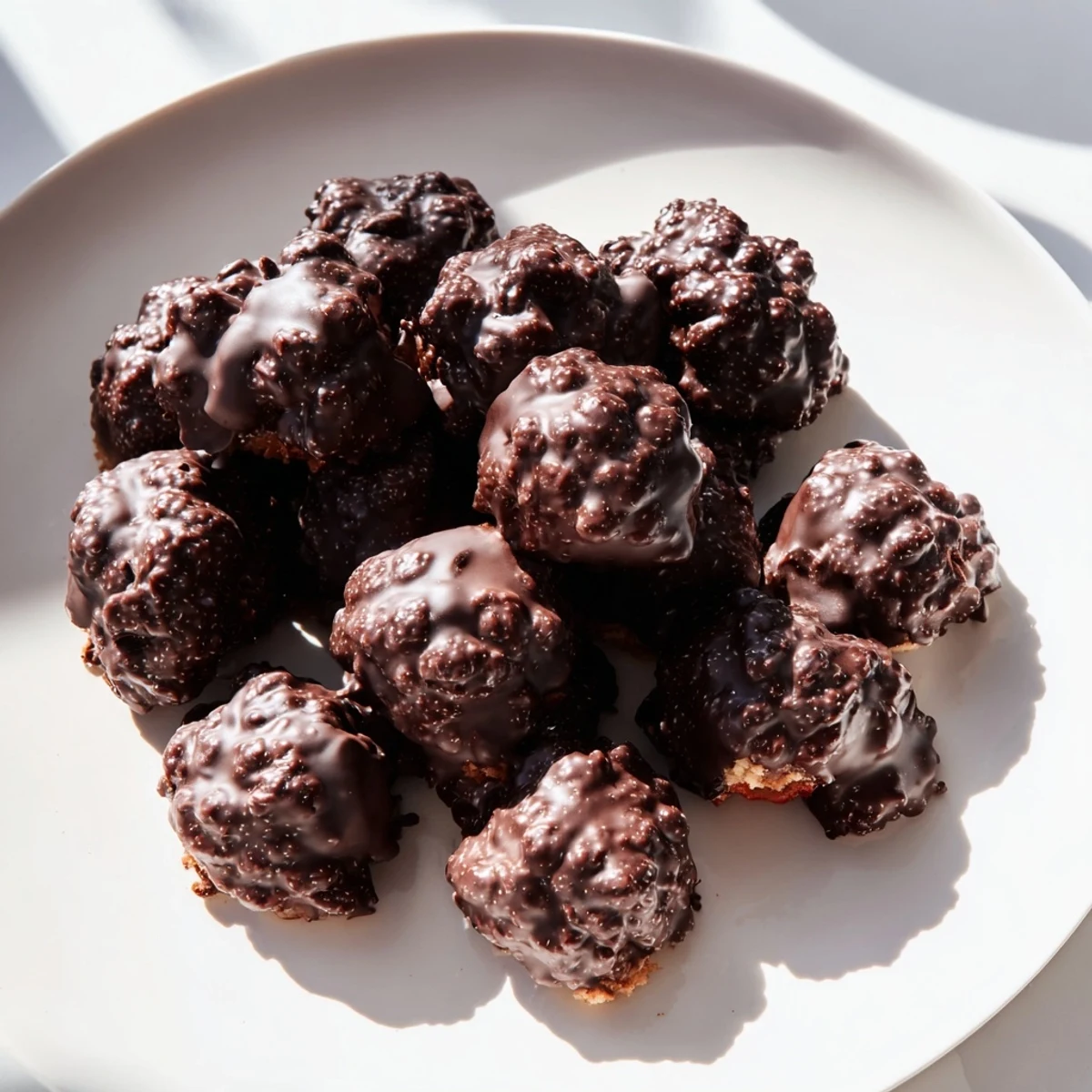 Frozen creamy strawberry yogurt clusters dipped in rich dark chocolate, a delicious treat.