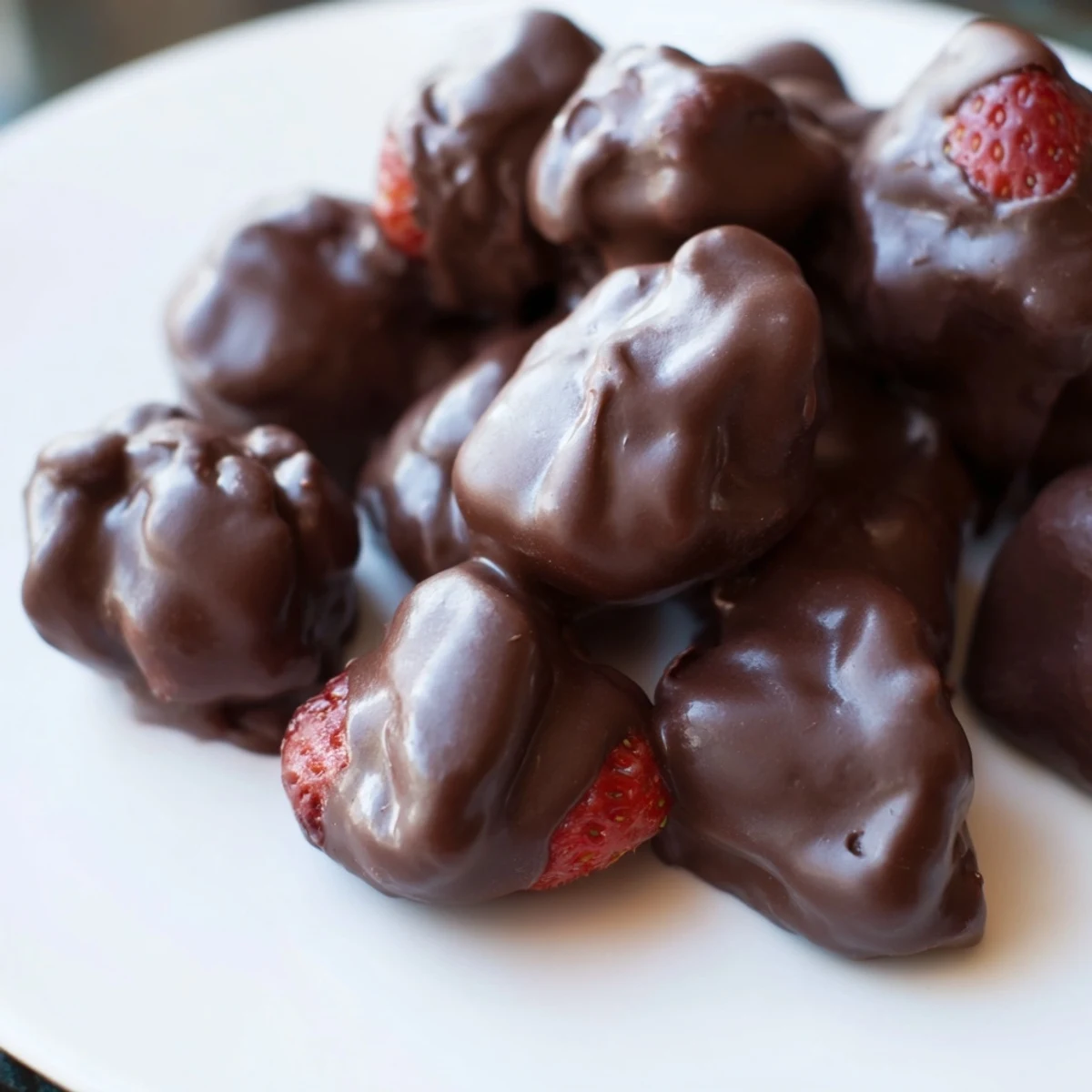 Freshly made strawberry yogurt clusters, coated in gleaming chocolate, ready for a perfect cold bite!