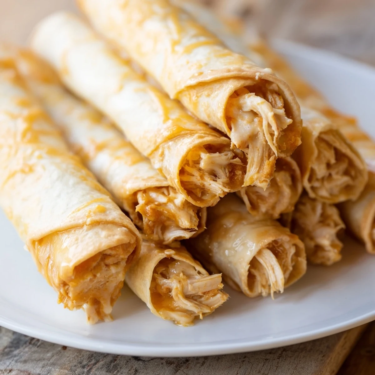 Golden-brown air fryer taquitos, filling oozing with cheese and chicken, ready to enjoy with toppings.