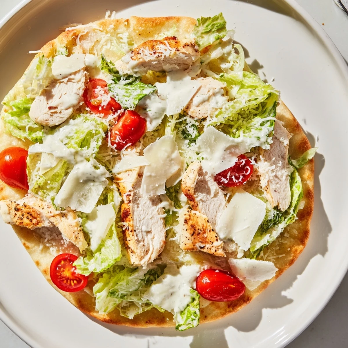 Savory slices of grilled chicken atop a bubbling, cheesy Chicken Caesar Flatbread, ready to eat.