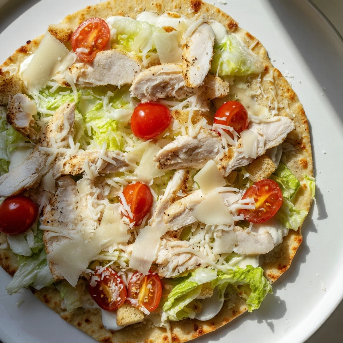 Golden-crusted Chicken Caesar Flatbread, piled high with fresh, vibrant romaine lettuce and Parmesan.