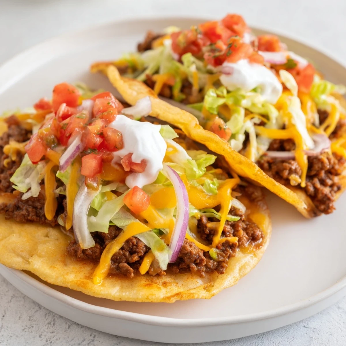 A close-up view of perfectly seared Crispy Smash Tacos, featuring crispy beef and warm, soft tortillas.