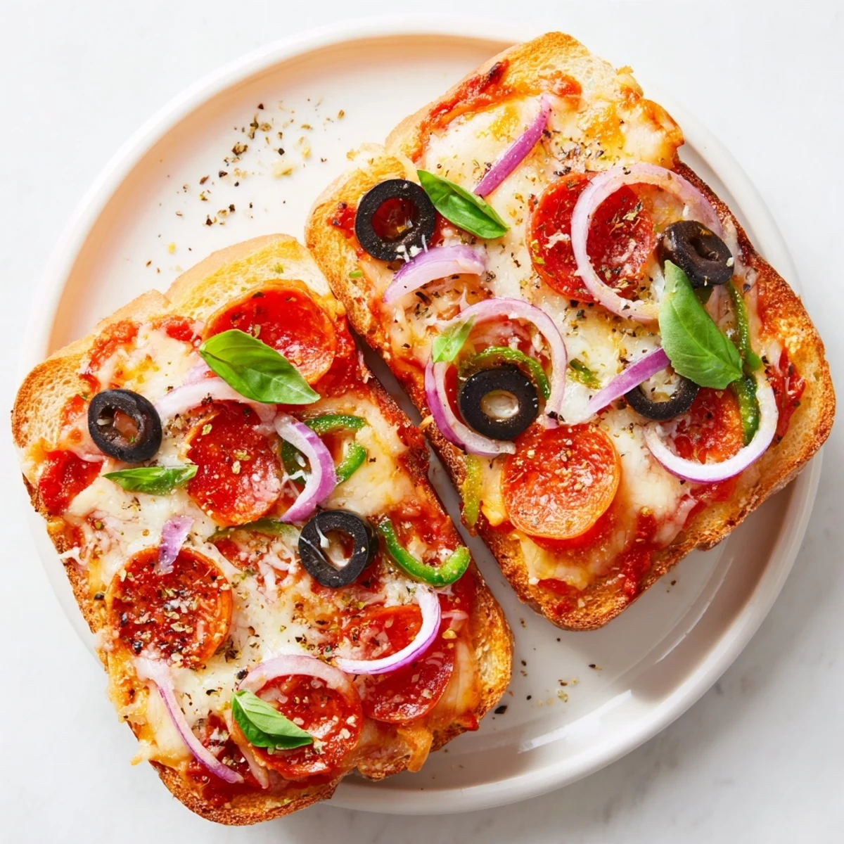 Golden, bubbly Pizza Toast 2.0 with melting mozzarella, delicious toppings, and toasted sourdough bread.