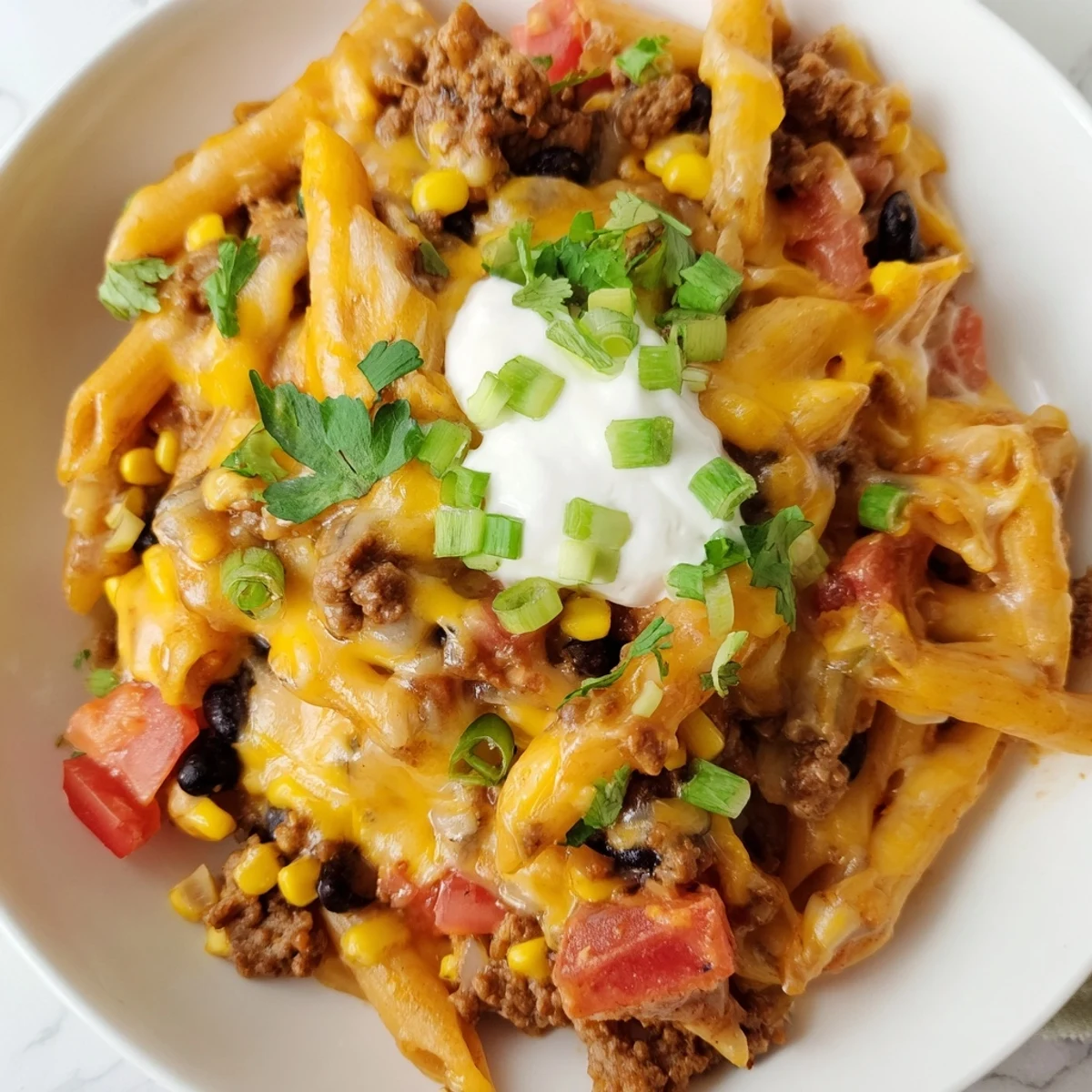 Steaming bowl of Cheesy Taco Pasta with melted cheese and fresh cilantro garnishing the top.