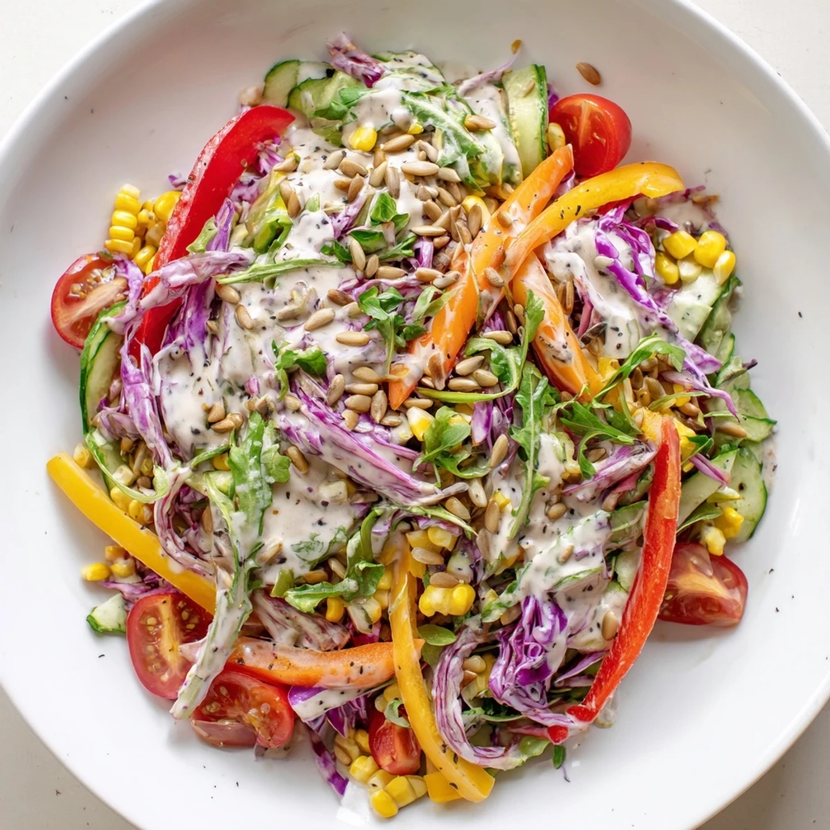 Vibrant rainbow salad bursting with colorful veggies, drizzled with creamy tahini dressing, ready to eat.