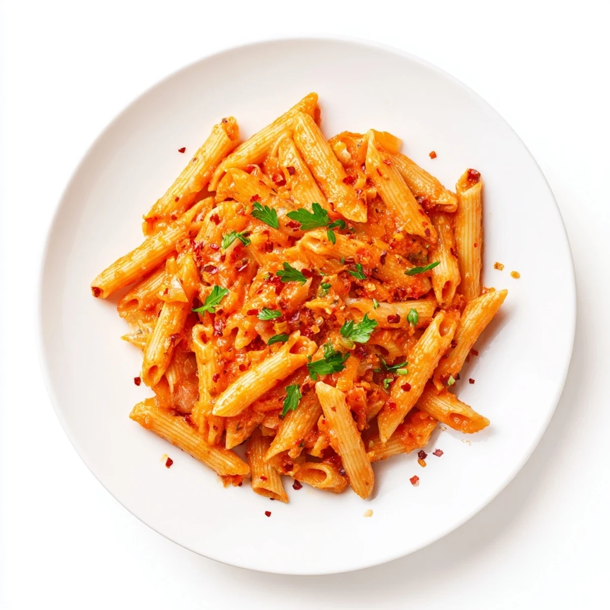Close-up photo of penne all'arrabbiata; spicy tomato sauce glistening over the al dente pasta.
